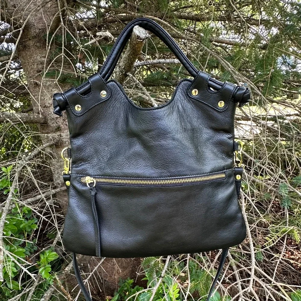 Pietro New York Black Leather Convertible Satchel Crossbody Bag Gold Hardware